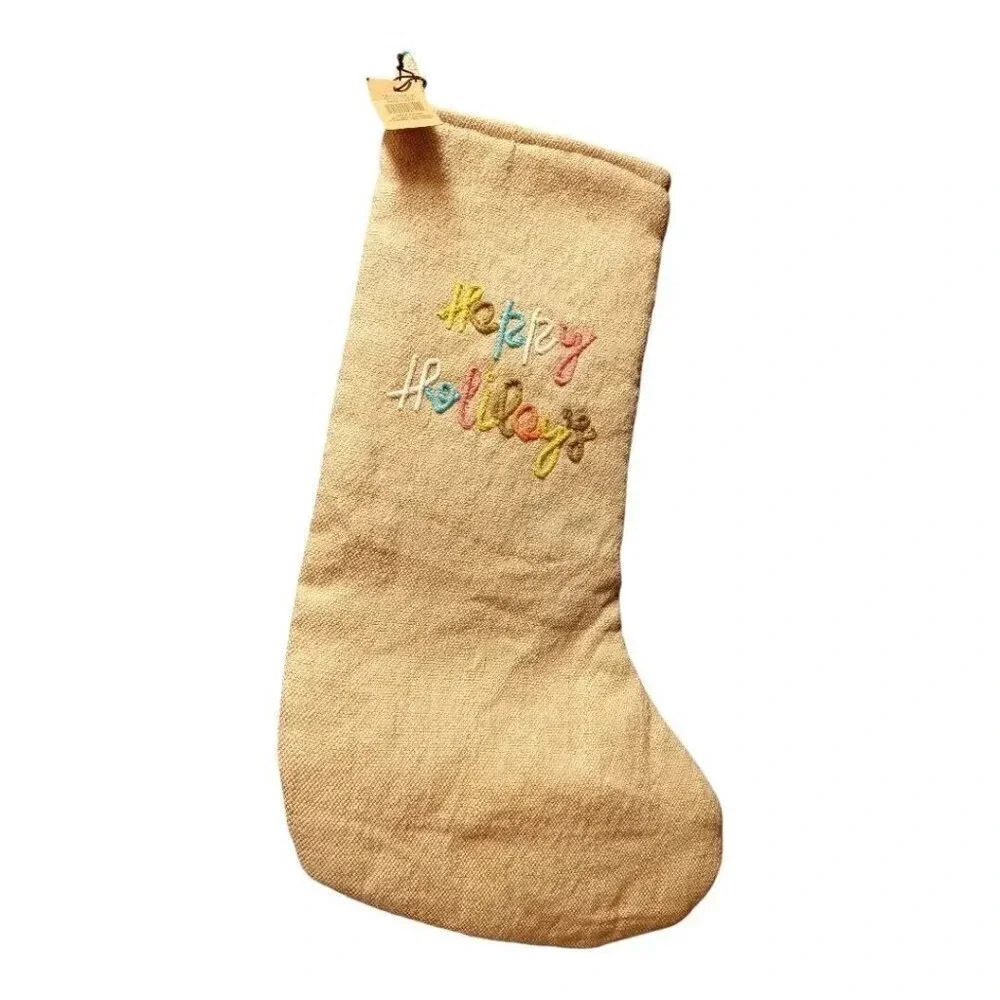 NWT 20" Cotton and Jute Embroidered Stocking Happy Holidays